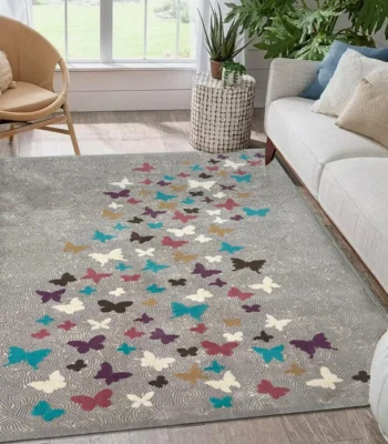 Sepas Vintage Antiques Carpets Grey Butterflies Design Rug