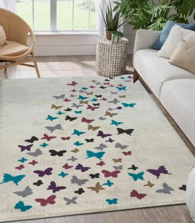 Sepas Vintage Antiques Carpets OffWhite Butterflies Design Rug