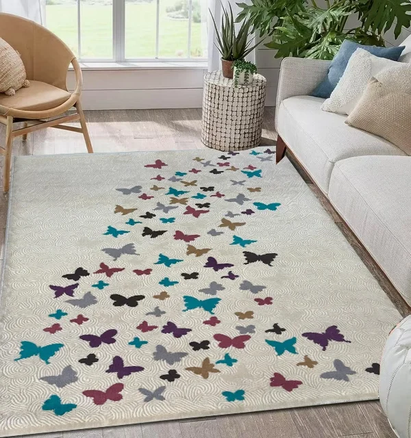 Sepas Vintage Antiques Carpets OffWhite Butterflies Design Rug